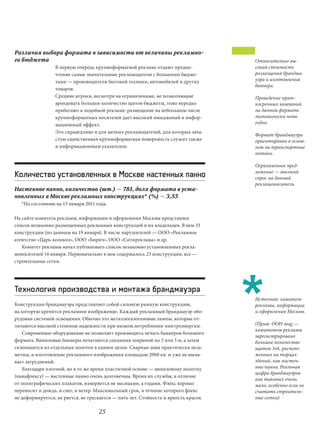 Различия выбора формата в зависимости от величины рекламно-
го бюджета                                                                          Относительно вы-
                 В первую очередь крупноформатной рекламе отдают предпо-            сокая стоимость
                 чтение самые значительные рекламодатели с большими бюдже-          размещения брандма-
                 тами — производители бытовой техники, автомобилей и других         уэра и изготовления
                                                                                    баннера.
                 товаров.
                 Средние игроки, несмотря на ограниченные, не позволяющие           Проведение крат-
                 арендовать большое количество щитов бюджеты, тоже нередко          косрочных кампаний
                 прибегают к подобной рекламе: размещение на небольшом числе        на данном формате
                 крупноформатных носителей дает высокий имиджевый и инфор-          экономически невы-
                 мационный эффект.                                                  годно.
                 Это справедливо и для мелких рекламодателей, для которых зача-
                                                                                    Формат брандмауэра
                 стую единственная крупноформатная поверхность служит также         ориентирован в основ-
                 и информационным указателем.                                       ном на транспортные
                                                                                    потоки.

                                                                                    Ограниченное пред-
                                                                                    ложение — высокий
Количество установленных в Москве настенных панно                                   спрос на данный
                                                                                    рекламоноситель.
Настенное панно, количество (шт.) — 781, доля формата в уста-
новленных в Москве рекламных конструкциях* (%) — 3,55
   *По состоянию на 13 января 2011 года.

На сайте комитета рекламы, информации и оформления Москвы представлен
список незаконно размещенных рекламных конструкций и их владельцев. В нем 33
конструкции (по данным на 19 января). В числе нарушителей — ООО «Рекламное
агентство «Царь-колокол», ООО «Бирич», ООО «Ситиреклама» и др.
   Комитет рекламы начал публиковать список незаконно установленных рекла-
моносителей 14 января. Первоначально в нем содержалось 23 конструкции, все —
строительные сетки.




Технология производства и монтажа брандмауэра
                                                                                    Источник: комитет
Конструкция брандмауэра представляет собой силовую рамную конструкцию,              рекламы, информации
на которую крепится рекламное изображение. Каждый рекламный брандмауэр обо-         и оформления Москвы.
рудован системой освещения. Обычно это металлогалогеновые лампы, которые от-
личаются высокой степенью надежности при низком потреблении электроэнергии.         (Прим. OOH mag —
                                                                                    комитетом рекламы
   Современное оборудование не позволяет производить печать баннеров большого
                                                                                    зарегистрировано
формата. Виниловые баннеры печатаются секциями шириной по 3 или 5 м, а затем        большое количество
склеиваются из отдельных полотен в единое целое. Сварные швы практически неза-      щитов 3х6, располо-
метны, и изготовление рекламного изображения площадью 2000 кв. м уже не вызы-       женных на торцах
вает затруднений.                                                                   зданий, как настен-
   Благодаря плотной, но в то же время пластичной основе — виниловому полотну       ные панно. Реальная
                                                                                    цифра брандмауэров
(панафлексу) — настенные панно очень долговечны. Время их службы, в отличие
                                                                                    как таковых очень
от полиграфических плакатов, измеряется не месяцами, а годами. Флекс хорошо         мало, особенно если не
переносит и дождь, и снег, и ветер. Максимальный срок, в течение которого флекс     считать строитель-
не деформируется, не рвется, не трескается — пять лет. Стойкость и яркость красок   ные сетки)

                                    25
 