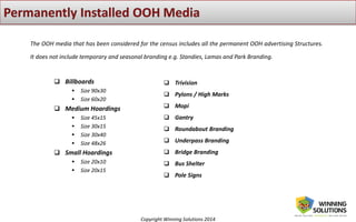 Copyright Winning Solutions 2014
The OOH media that has been considered for the census includes all the permanent OOH advertising Structures.
It does not include temporary and seasonal branding e.g. Standies, Lamas and Park Branding.
 Trivision
 Pylons / High Marks
 Mopi
 Gantry
 Roundabout Branding
 Underpass Branding
 Bridge Branding
 Bus Shelter
 Pole Signs
 Billboards
 Size 90x30
 Size 60x20
 Medium Hoardings
 Size 45x15
 Size 30x15
 Size 30x40
 Size 48x26
 Small Hoardings
 Size 20x10
 Size 20x15
 