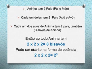  Aninha tem 2 Pais (Pai e Mãe)
 Cada um deles tem 2 Pais (Avô e Avó)
 Cada um dos avós de Aninha tem 2 pais, também
(Bisavós de Aninha)
Então ao todo Aninha tem
2 x 2 x 2= 8 bisavós
Pode ser escrito na forma de potência
2 x 2 x 2= 23
 