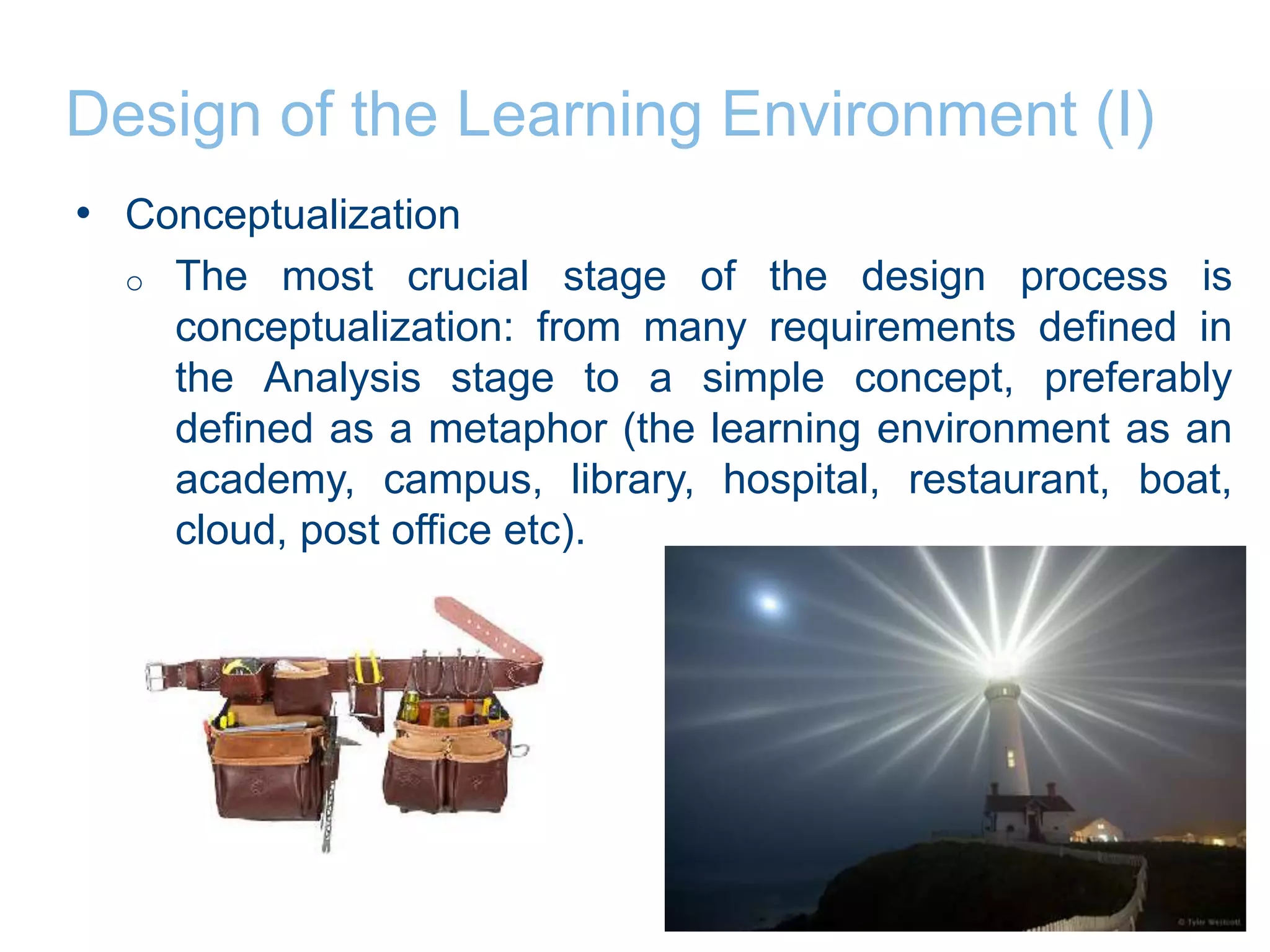 Context
                        Objectives


     Evaluation




                            Learning Activities
      Support
       Contents

   Teaching Methods

      Materials

      By whom


     Learning
    Environment

                         Student
                      Characteristics
 