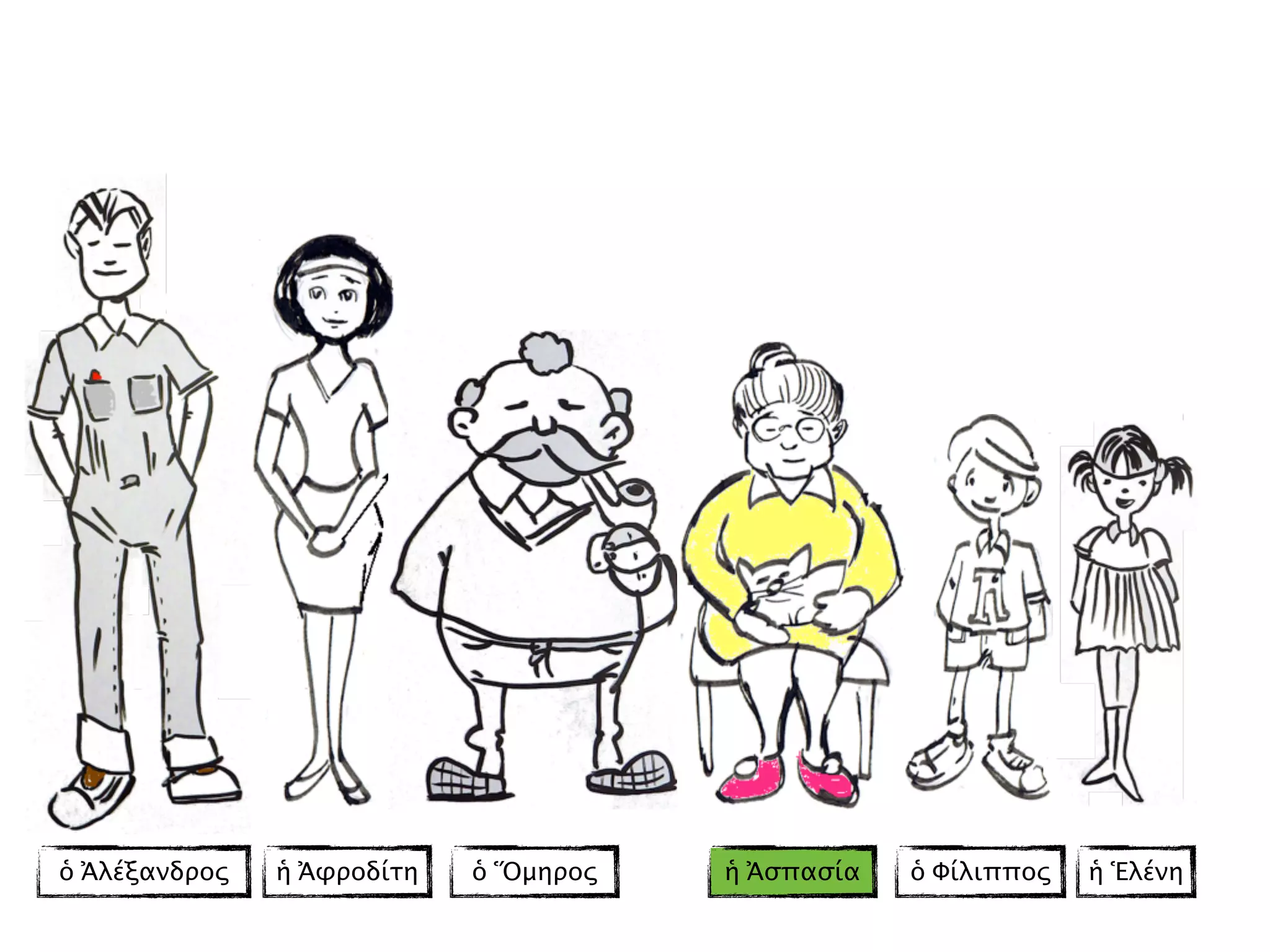 ὁ Ἀλέξανδρος ἡ Ἀφροδίτη ὁ Ὅμηρος ἡ Ἀσπασία ἡ Ἑλένηὁ Φίλιππος
 