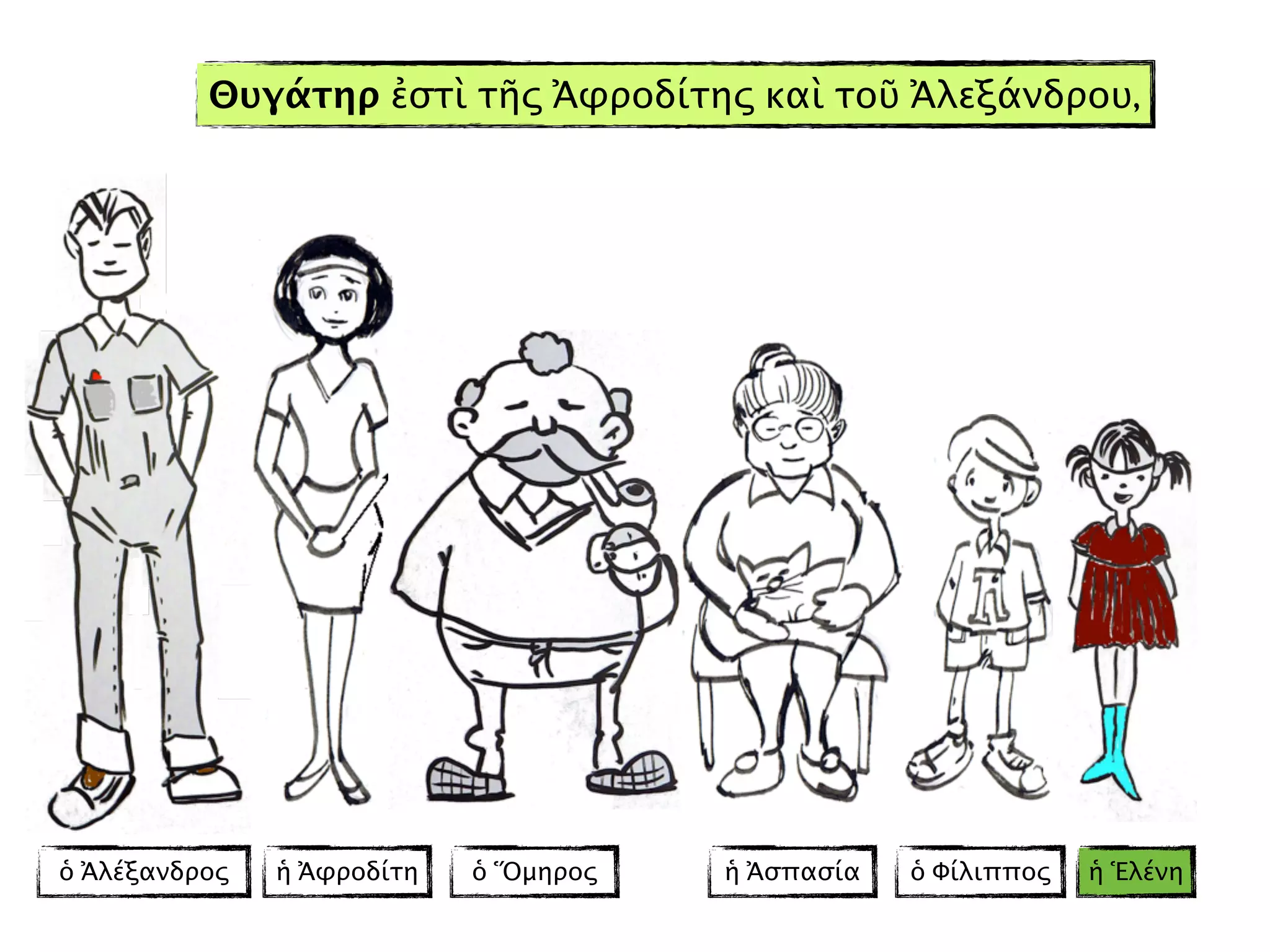 ὁ Ἀλέξανδρος ἡ Ἀφροδίτη ὁ Ὅμηρος ἡ Ἀσπασία ἡ Ἑλένηὁ Φίλιππος
Θυγάτηρ ἐστὶ τῆς Ἀφροδίτης καὶ τοῦ Ἀλεξάνδρου,
 