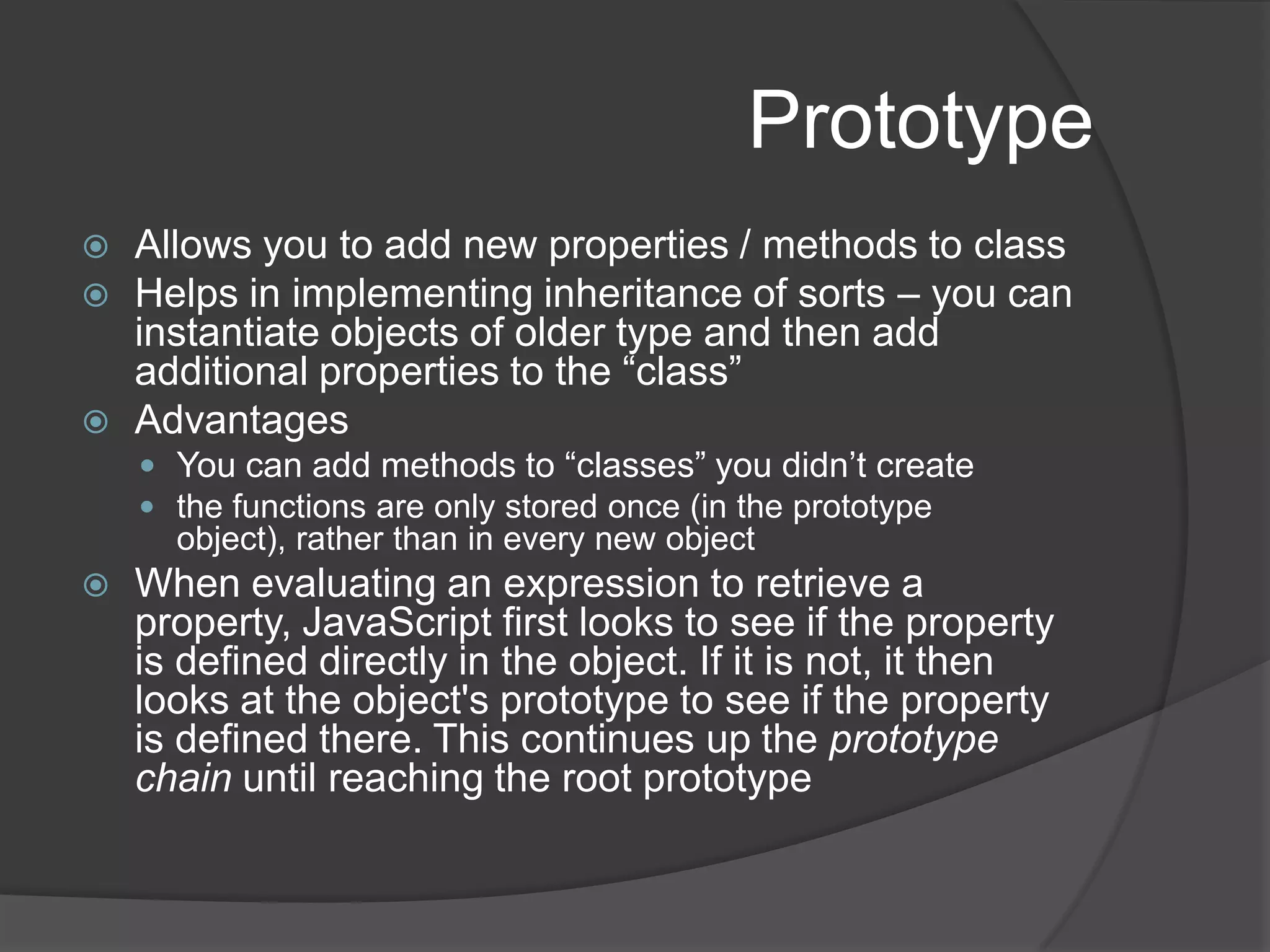 Function ContextFunction context describes the object that’s referenced by the thispointer during the invocation of a function.var o1 = {handle:'o1'};var o2 = {handle:'o2'};var o3 = {handle:'o3'};window.handle = 'window';      function whoAmI(messageText) {        return this.handle + " , message text : " + messageText;      }      o1.identifyMe = whoAmI;      alert(whoAmI("message text window"));      alert(o1.identifyMe("message text o1"));      alert(whoAmI.call(o2, "message text o2"));      alert(whoAmI.apply(o3, "message text o3"));A function f acts as a method of object o when o serves as the function context of theinvocation of f.