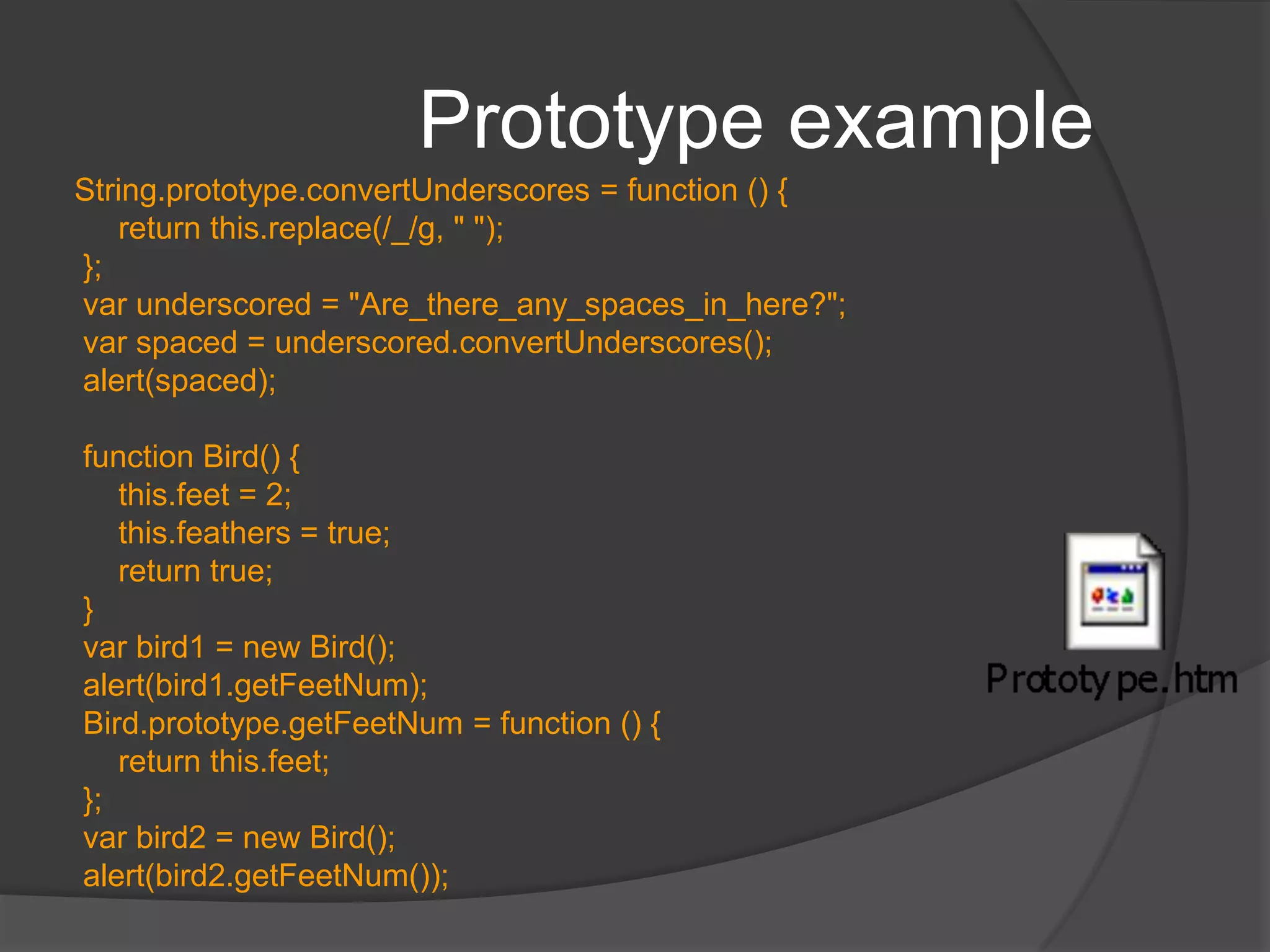 Anonymous FunctionsDeclaring functions inline rather than separately IF IT IS USED ONLY ONCE.var employee2 = {empID: 57,firstName: 'Gunjan',lastName: 'Kumar',whoAmI: function () {                return "Emp ID : " + this.empID + " First Name : " + this.firstName + " Last Name : " + this.lastName;            }        };These are faster since name resolution is costlyShould be typically used when system does a call – like windows.onload	When you are going to call, typically named functions are used