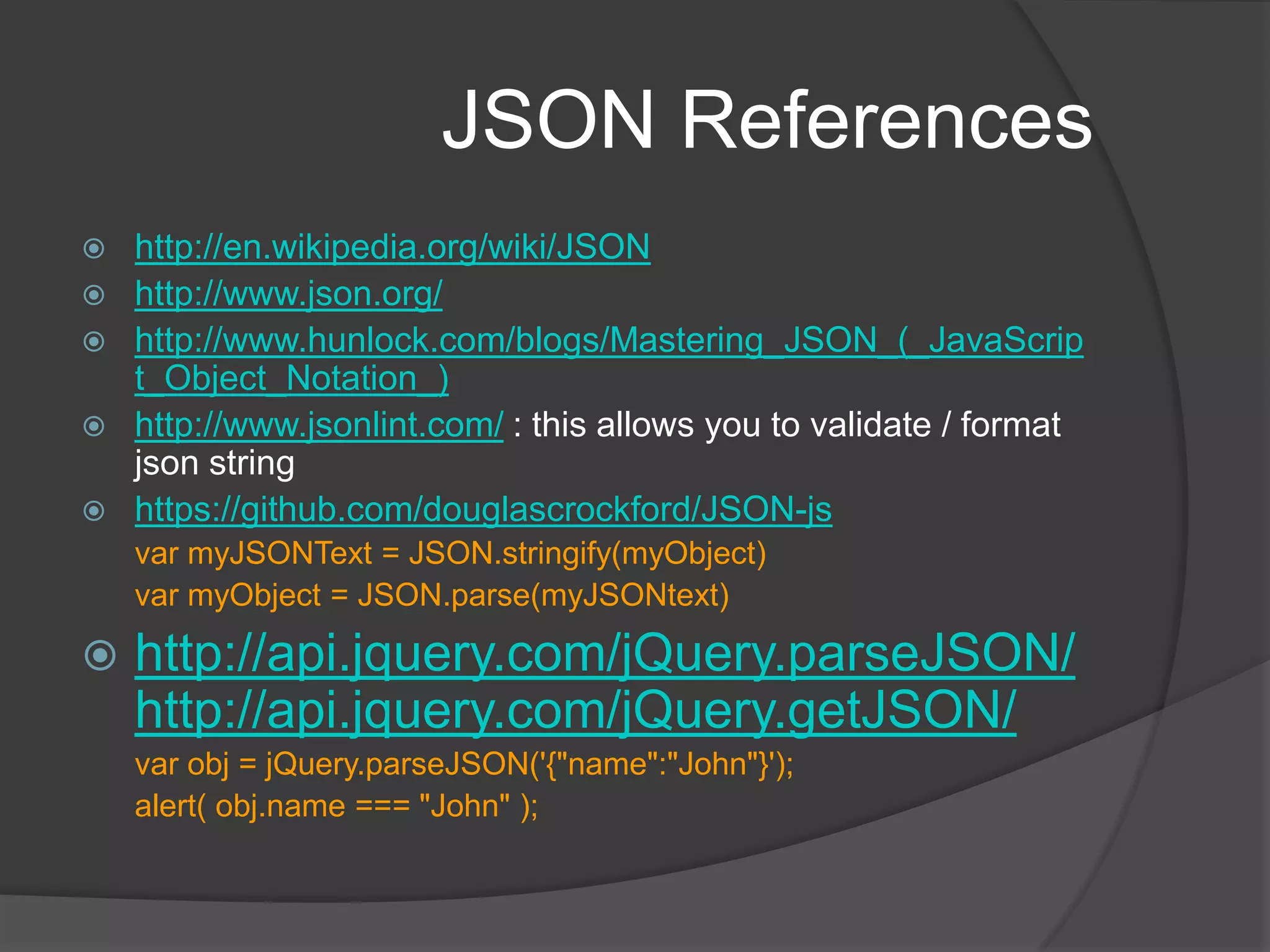 Unobtrusive JavaScript (contd.)purpose of markup is to describe a structurecombining the structure and behavior negatively impacts maintainability inline event handlers are harder to use and maintain specially when one needs to set handlers for several events on a single element	when one wants to set the same event handler on several elements	when one is using event delegationIn essence, this is asking for a separate .JS file that contains all the behavior and attaches the same to markup.Typically this would result in three set of filesHtml (markup)CSS (presentation)JS (behavior)