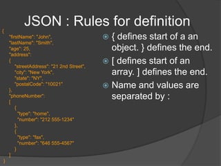 Object Literals (JSON)var ride = new Object();ride.make = 'Yamaha';ride.model = 'V-Star Silverado 1100';ride.year = 2005;ride.purchased = new Date(2005, 3, 12);        ride["Clumsy Property"] = 'Really clumsy value';var owner = new Object();        owner.name = 'Spike Spiegel';owner.occupation = 'bounty hunter';ride.owner = owner;varrideJSON = {            make: 'Yamaha',            model: 'V-Star Silverado 1100',            year: 2005,            purchased: new Date(2005, 3, 12),            'Clumsy Property' : 'Really clumsy value',            owner: {                name: 'Spike Spiegel',                occupation: 'bounty hunter'            }        };JavaScript Object Notation allows us to define object using literals	- we no longer need to instantiate new Object()	- reduces the work of defining name and then assigning value