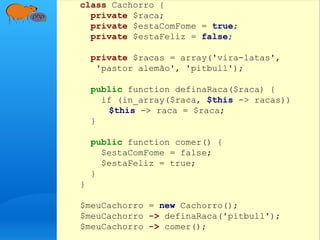 class Cachorro {
private $raca;
private $estaComFome = true;
private $estaFeliz = false;
private $racas = array('vira-latas',
'pastor alemão', 'pitbull');
public function definaRaca($raca) {
if (in_array($raca, $this -> racas))
$this -> raca = $raca;
}
public function comer() {
$estaComFome = false;
$estaFeliz = true;
}
}
$meuCachorro = new Cachorro();
$meuCachorro -> definaRaca('pitbull');
$meuCachorro -> comer();
 
