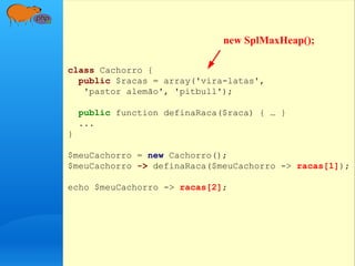 class Cachorro {
public $racas = array('vira-latas',
'pastor alemão', 'pitbull');
public function definaRaca($raca) { … }
...
}
$meuCachorro = new Cachorro();
$meuCachorro -> definaRaca($meuCachorro -> racas[1]);
echo $meuCachorro -> racas[2];
new SplMaxHeap();
 