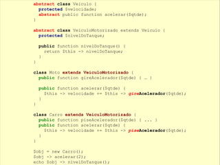 abstract class Veiculo {
protected $velocidade;
abstract public function acelerar($qtde);
}
abstract class VeiculoMotorizado extends Veiculo {
protected $nivelDoTanque;
public function nivelDoTanque() {
return $this -> nivelDoTanque;
}
}
class Moto extends VeiculoMotorizado {
public function gireAcelerador($qtde) { … }
public function acelerar($qtde) {
$this -> velocidade += $this -> gireAcelerador($qtde);
}
}
class Carro extends VeiculoMotorizado {
public function piseAcelerador($qtde) { ... }
public function acelerar($qtde) {
$this -> velocidade += $this -> piseAcelerador($qtde);
}
}
$obj = new Carro();
$obj -> acelerar(2);
echo $obj -> nivelDoTanque();
 