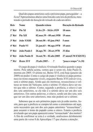 O Oitavo/41

        Qual dos papas anteriores será o próximo papa, perseguidor – a
   besta? Apresentamos abaixo uma lista dos sete reis da profecia, mos-
   trando o período de duração do reinado de cada um deles:
Reis     Nome            Quando reinou             Duração do Reinado

1º Rei   Pio XI          11.fev.29 – 10.fev.1939   10 anos

2º Rei   Pio XII         02.mar.39 – 09.out.1958 19 anos

3º Rei   João XXIII      28.out.58 – 03.jun.1963   5 anos

4º Rei   Paulo VI        21.jun.63 – 06.ago.1978   15 anos

5º Rei   João Paulo I    26.ago.78 – 28.set.1978   33 dias

6º Rei   João Paulo II   16.out.78 – 02.abr.2005   27 anos(UM EXISTE)

7º Rei   Bento XVI       19.abr.2005 -    ?        “pouco tempo” (v.10)

        O cargo de papa é vitalício. O reinado finaliza quando o papa
   morre. Pela tabela acima, vemos que o sexto rei, João Paulo II,
   morreu em 2005. O sétimo rei, Bento XVI, está hoje (janeiro de
   2009) no poder. Como o cargo de papa é vitalício (o papa perma-
   nece no trono enquanto viver), enquanto Bento XVI estiver vivo,
   será o sétimo papa. Ainda que ele morresse, ressuscitasse e vol-
   tasse ao trono do Vaticano, seria o sétimo. O oitavo deve ser ou-
   tro que não o sétimo. Como, segundo a profecia, o oitavo é um
   dos sete anteriores, se ele não é o sétimo deve ser um dos seis
   anteriores. Em outras palavras, o oitavo, sendo um dos sete, tem
   que ser um dos sete anteriores, mas não poderá ser o sétimo.
        Sabemos que os seis primeiros papas reis já estão mortos. As-
   sim, para que a profecia se cumpra tal como a entendemos até aqui,
   seria necessário que um dos seis papas anteriores “ressuscitasse”,
   para assumir o trono do papado como o oitavo. Estaria a profecia
   revelando que um papa aparecerá como “ressuscitado” dos mortos?
   A fim de confirmar se esta é a verdade, analisemos detidamente
   uma parte do verso 8 de Apocalipse 17 que chama a atenção:
 