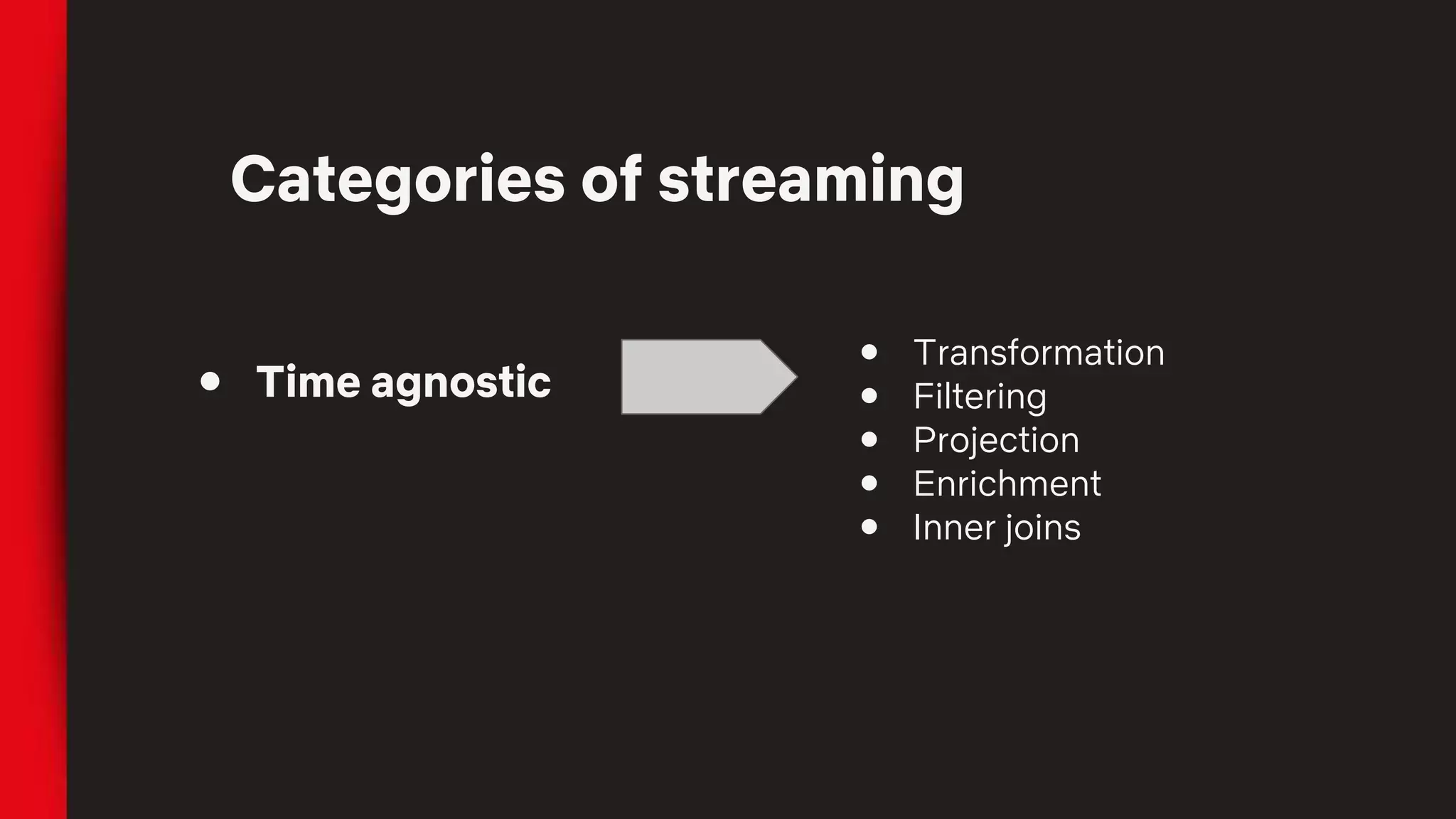 Categories of streaming
● Time agnostic
● Transformation
● Filtering
● Projection
● Enrichment
● Inner joins
 