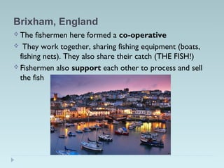 Brixham, England
 The fishermen here formed a co-operative
 They work together, sharing fishing equipment (boats,
fishing nets). They also share their catch (THE FISH!)
 Fishermen also support each other to process and sell
the fish
 