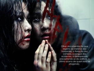 Olhar documentação que registra as clareiras dos horizontes, a floração dos campos, o sangue dos acidentes, o desesperado precipitando-se do edifício, o último aceno de quem está se afogando.  