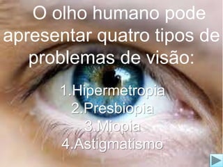 O olho humano pode 
apresentar quatro tipos de 
problemas de visão: 
1.Hipermetropia 
2.Presbiopia 
3.Miopia 
4.Astigmatismo 
 