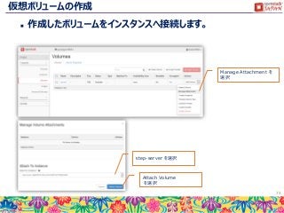 仮想ボリュームの作成
 作成したボリュームをインスタンスへ接続します。
73
Manage Attachment を
選択
step-server を選択
Attach Volume
を選択
 