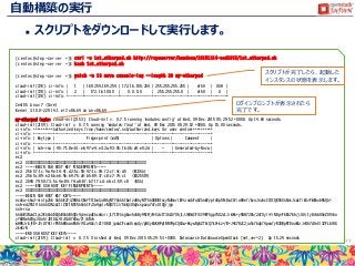 自動構築の実行
 スクリプトをダウンロードして実行します。
77
[centos@step-server ~]$ curl -o 1st_etherpad.sh http://reposerver/handson/20151214-ood2015/1st_etherpad.sh
[centos@step-server ~]$ bash 1st_etherpad.sh
[centos@step-server ~]$ watch -n 10 nova console-log --length 30 my-etherpad
cloud-init[728]: ci-info: | 1 | 169.254.169.254 | 172.16.100.254 | 255.255.255.255 | eth0 | UGH |
cloud-init[728]: ci-info: | 2 | 172.16.100.0 | 0.0.0.0 | 255.255.255.0 | eth0 | U |
cloud-init[728]: ci-info: +-------+-----------------+----------------+-----------------+-----------+-------+
CentOS Linux 7 (Core)
Kernel 3.10.0-229.14.1.el7.x86_64 on an x86_64
my-etherpad login: cloud-init[2153]: Cloud-init v. 0.7.5 running 'modules:config' at Wed, 09 Dec 2015 05:29:52 +0000. Up 14.64 seconds.
cloud-init[2159]: Cloud-init v. 0.7.5 running 'modules:final' at Wed, 09 Dec 2015 05:29:52 +0000. Up 15.00 seconds.
ci-info: ++++++++++Authorized keys from /home/centos/.ssh/authorized_keys for user centos+++++++++++
ci-info: +---------+-------------------------------------------------+---------+-------------------+
ci-info: | Keytype | Fingerprint (md5) | Options | Comment |
ci-info: +---------+-------------------------------------------------+---------+-------------------+
ci-info: | ssh-rsa | 45:71:8e:61:e6:97:e4:e3:2a:93:05:16:06:a9:e0:2d | - | Generated-by-Nova |
ci-info: +---------+-------------------------------------------------+---------+-------------------+
ec2:
ec2: #############################################################
ec2: -----BEGIN SSH HOST KEY FINGERPRINTS-----
ec2: 256 5f:1c:9e:9e:14:41:d2:5c:58:47:1c:04:f2:cf:4c:d5 (ECDSA)
ec2: 256 5c:89:e2:6b:e6:9b:69:75:a9:b5:89:3f:c8:c7:74:c1 (ED25519)
ec2: 2048 79:50:f3:5c:4e:84:f4:a8:8f:b7:1f:cd:eb:c1:59:c8 (RSA)
ec2: -----END SSH HOST KEY FINGERPRINTS-----
ec2: #############################################################
-----BEGIN SSH HOST KEY KEYS-----
ecdsa-sha2-nistp256 AAAAE2VjZHNhLXNoYTItbmlzdHAyNTYAAAAIbmlzdHAyNTYAAABBBIscyNoBmrlBVsixmbFuhZAnWVyptnDp5Fc8wCAYioHDef/bcnJn/mcCfUIQKh5XnOokJcakTik5vFWBnxbNhQA=
ssh-ed25519 AAAAC3NzaC1lZDI1NTE5AAAAIF/2a4golvNQR7ClJ/56Wj3OqDcspazu7oTxOtQQrjgn
ssh-rsa
AAAAB3NzaC1yc2EAAAADAQABAAABAQDr4yzecpdEAcnWviij17I1FAsg6avhoSHy9NIMjPvXdc1T3ALOYOhj1JJH0WCFlXV9EFSgpY5O2cIJiWMx+y5NH72Oh/2dfOyl+ViN8yvF6DA76h/jJUli1y8rh600eZO9i6o
yY6BNehIBgJiUohlJB1OLL4t/Gb8fH2w/7tj6Rvh
mHMNJrbjF8+JViUT4tlrP55hHRnanPb8rl9La4Uz/iZtYU8GljpduCFcum0iepUy/pBXy6GKHPp1RRfMpCQXUw+HsywRpSZTGrQ7kO+kz+/B+J4X78zC2ju5sY6qbf4peafyR3DBpRTDooKbiJrNh7dtnXl3ZFLbl8G
zksKrR
-----END SSH HOST KEY KEYS-----
cloud-init[2159]: Cloud-init v. 0.7.5 finished at Wed, 09 Dec 2015 05:29:53 +0000. Datasource DataSourceOpenStack [net,ver=2]. Up 15.24 seconds
スクリプトが完了したら、起動した
インスタンスの状態を表示します。
ログインプロンプトが表示されたら
完了です。
 