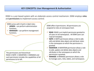 KEY CONCEPTS: User Management & Authorization
DDM is a user-based system with an elaborate access control mechanism. DDM employs roles
and permissions to implement access control.
DDM offers 4 permissions. All permissions are
assigned to roles at namespace level.
 READ: READ is an implicit permission granted to
all users on all namespaces. All DDM users can
read all metadata.
 NOTE: A NOTE permission allows a role to add,
edit and delete data object and attribute notes
in the namespace on which the permission is
granted.
 MAINTAIN: A MAINTAIN permission allows a role
to add, update and delete data objects and
attributes in the namespace on which the
permission is granted.
 MANAGE: A MANAGE permission allows a role
to manage users, roles, labels, and namespaces.
DDM comes with 2 built-in label roles:
 ADMIN – can perform administration
functions.
 MANAGER – can perform management
functions.
The permissions are hierarchical:
READ→ NOTE → MAINTAIN → MANAGE and
each permission includes the capabilities of all
permissions to its left.
 