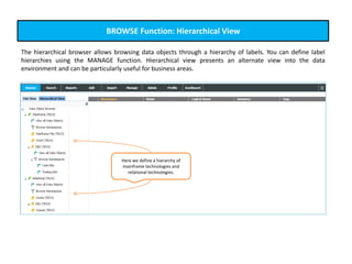 BROWSE Function: Hierarchical View
The hierarchical browser allows browsing data objects through a hierarchy of labels. You can define label
hierarchies using the MANAGE function. Hierarchical view presents an alternate view into the data
environment and can be particularly useful for business areas.
Here we define a hierarchy of
mainframe technologies and
relational technologies.
 