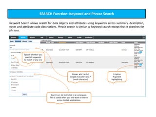 SEARCH Function: Keyword and Phrase Search
Keyword Search allows search for data objects and attributes using keywords across summary, description,
notes and attribute code descriptions. Phrase search is similar to keyword search except that it searches for
phrases.
Allows wild cards ?
(single character) and *
(multi character)
Search can be restricted to a namespace.
This is useful when you only want to search
across limited applications.
Employs
fragment
highlighting.
Specify whether you
want all keywords
to match or any one
 