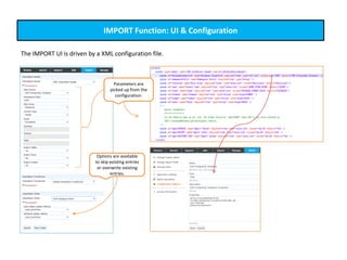 IMPORT Function: UI & Configuration
The IMPORT UI is driven by a XML configuration file.
Options are available
to skip existing entries
or overwrite existing
entries.
Parameters are
picked up from the
configuration.
 