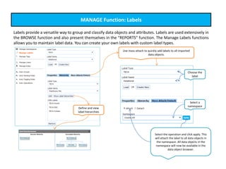 MANAGE Function: Labels
Labels provide a versatile way to group and classify data objects and attributes. Labels are used extensively in
the BROWSE function and also present themselves in the “REPORTS” function. The Manage Labels functions
allows you to maintain label data. You can create your own labels with custom label types.
Define and view
label hierarchies
Use mass attach to quickly add labels to all imported
data objects.
Select a
namespace
Choose the
label
Select the operation and click apply. This
will attach the label to all data objects in
the namespace. All data objects in the
namespace will now be available in the
data object browser.
 
