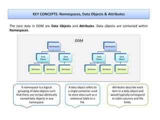 KEY CONCEPTS: Namespaces, Data Objects & Attributes
The core data in DDM are Data Objects and Attributes. Data objects are contained within
Namespaces.
A data object refers to
a single container used
to store data such as a
relational table or a
file.
Namespace
Data
Object
Attribute Attribute
Data
Object
Attribute
Namespace
Data
Object
Attribute Attribute
Data
Object
Attribute
DDM
Attributes describe each
item in a data object and
would typically correspond
to table columns and file
fields.
A namespace is a logical
grouping of data-objects such
that there are no two identically
named data objects in any
namespace.
 
