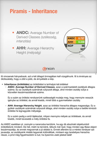 Piramis - Inheritance
• ANDC: Average Number of
Derived Classes (szélesség,
intenzitás)
• AHH: Average Hierarchy
Height (mélység)
15
Itt nincsenek hányadosok, ezt a két átlagot önmagában kell vizsgálnunk. Itt is érvényes az
ökölszabály, hogy a zöld a jobb, de árnyaltabb a kép.
• Inheritance (öröklődés) az öröklődést is leírhatjuk két értékkel
◦ ANDC: Average Number of Derived Classes, azaz a származtatott osztályok átlagos
száma. Ez az osztályok számának súlyozott átlaga, ahol minden osztály súlya a
közvetlen leszármazottainak száma.
Ez a szám az örökési rendszerünk szélességét mutatja meg, hogy mennyire vesszük
igénybe az öröklést, és annál kisebb, minél több a gyermektelen osztály.
◦ AHH: Average Hierarchy Height, azaz az öröklési hierachia átlagos magassága. Ez a
gyökér osztályok számának súlyozott átlaga, ahol minden osztály súlya a belőle kiinduló
öröklési fa legnagyobb mélysége.
Ez a szám pedig a arról tájékoztat, milyen mennyire mélyek az öröklések, és annál
kisebb, minél kevesebb a mély öröklési fa.
Az ANDC esetében pl. csúnyán a narancsba kerülünk, ha egy db absztrakt objektumból
örököltetünk mindent. De hát, miért ne tennénk, láttunk már ilyet, hogy minden egy Base object
leszármazottja, és ennek megvannak a jó oldalai is. Ennek ellenére ez a mérési rendszer azt
javasolja, az osztályaink inkább legyenek különállóak, mintsem egy terebélyes hierachia
részei, a pmd még figyelmeztetni is tud, ha ilyesmire utaló jeleket talál!
 