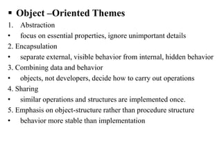  Object –Oriented Themes
1. Abstraction
• focus on essential properties, ignore unimportant details
2. Encapsulation
• separate external, visible behavior from internal, hidden behavior
3. Combining data and behavior
• objects, not developers, decide how to carry out operations
4. Sharing
• similar operations and structures are implemented once.
5. Emphasis on object-structure rather than procedure structure
• behavior more stable than implementation
 