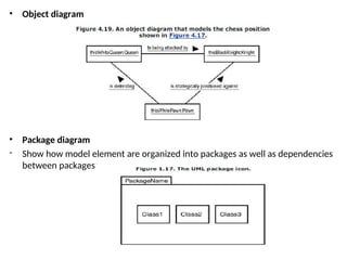 • Object diagram
• Package diagram
- Show how model element are organized into packages as well as dependencies
between packages
 