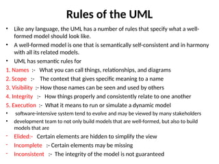 Rules of the UML
• Like any language, the UML has a number of rules that specify what a well-
formed model should look like.
• A well-formed model is one that is semantically self-consistent and in harmony
with all its related models.
• UML has semantic rules for
1. Names :- What you can call things, relationships, and diagrams
2. Scope :- The context that gives specific meaning to a name
3. Visibility :- How those names can be seen and used by others
4. Integrity :- How things properly and consistently relate to one another
5. Execution :- What it means to run or simulate a dynamic model
• software-intensive system tend to evolve and may be viewed by many stakeholders
• development team to not only build models that are well-formed, but also to build
models that are
- Elided:- Certain elements are hidden to simplify the view
- Incomplete :- Certain elements may be missing
- Inconsistent :- The integrity of the model is not guaranteed
 