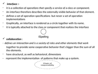  interface :-
- it is a collection of operations that specify a service of a class or component.
- An interface therefore describes the externally visible behavior of that element.
- defines a set of operation specifications but never a set of operation
implementations
- Graphically, an interface is rendered as a circle together with its name.
- it is typically attached to the class or component that realizes the interface
 collaboration :
- defines an interaction and is a society of roles and other elements that work
together to provide some cooperative behavior that's bigger than the sum of all
the elements.
- have structural, as well as behavioral, dimensions
- represent the implementation of patterns that make up a system.
 
