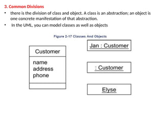 3. Common Divisions
• there is the division of class and object. A class is an abstraction; an object is
one concrete manifestation of that abstraction.
• In the UML, you can model classes as well as objects
 