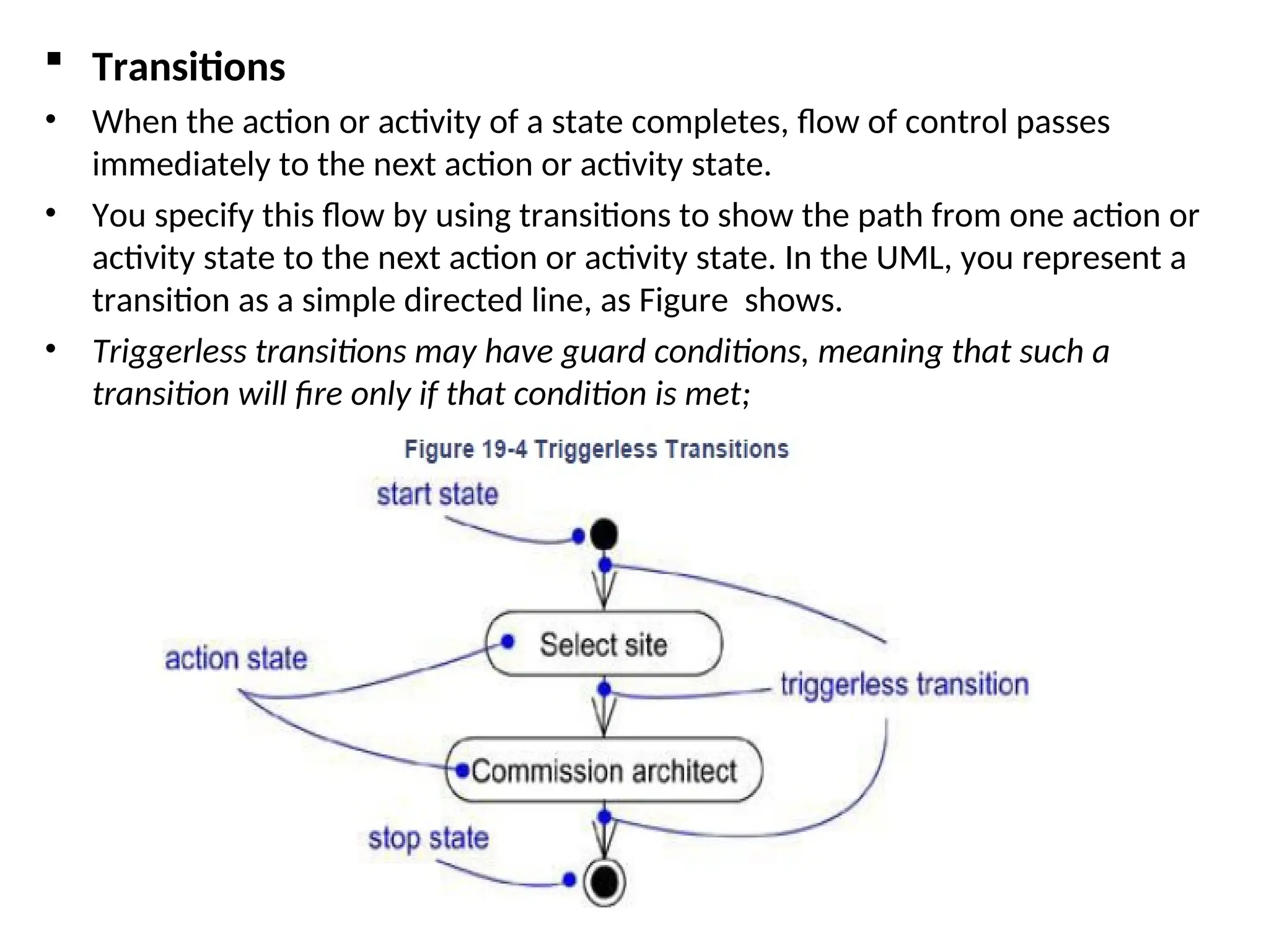  Transitions
• When the action or activity of a state completes, flow of control passes
immediately to the next action or activity state.
• You specify this flow by using transitions to show the path from one action or
activity state to the next action or activity state. In the UML, you represent a
transition as a simple directed line, as Figure shows.
• Triggerless transitions may have guard conditions, meaning that such a
transition will fire only if that condition is met;
 