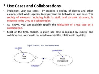  Use Cases and Collaborations
• implement your use cases, by creating a society of classes and other
elements that work together to implement the behavior of use case. This
society of elements, including both its static and dynamic structure, is
modeled in the UML as a collaboration.
• As shows, you can explicitly specify the realization of a use case by a
collaboration.
• Most of the time, though, a given use case is realized by exactly one
collaboration, so you will not need to model this relationship explicitly.
 