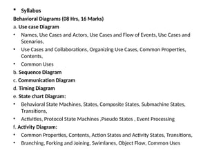  Syllabus
Behavioral Diagrams (08 Hrs, 16 Marks)
a. Use case Diagram
• Names, Use Cases and Actors, Use Cases and Flow of Events, Use Cases and
Scenarios,
• Use Cases and Collaborations, Organizing Use Cases, Common Properties,
Contents,
• Common Uses
b. Sequence Diagram
c. Communication Diagram
d. Timing Diagram
e. State chart Diagram:
• Behavioral State Machines, States, Composite States, Submachine States,
Transitions,
• Activities, Protocol State Machines ,Pseudo States , Event Processing
f. Activity Diagram:
• Common Properties, Contents, Action States and Activity States, Transitions,
• Branching, Forking and Joining, Swimlanes, Object Flow, Common Uses
 