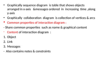• Graphically sequence diagram is table that shows objects
arranged in x-axis &messages ordered in increasing time ,along
y-axis
• Graphically collaboration diagram is collection of vertices & arcs
 Common properties of interaction diagram :
- Share common properties such as name & graphical content
- Content of interaction diagram :
1. Object
2. Link
3. Messages
- Also contains notes & constraints
 