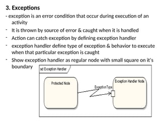 3. Exceptions
- exception is an error condition that occur during execution of an
activity
- It is thrown by source of error & caught when it is handled
- Action can catch exception by defining exception handler
- exception handler define type of exception & behavior to execute
when that particular exception is caught
- Show exception handler as regular node with small square on it’s
boundary
 