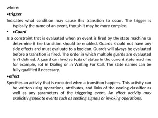 where:
•trigger
Indicates what condition may cause this transition to occur. The trigger is
typically the name of an event, though it may be more complex.
• •Guard
Is a constraint that is evaluated when an event is fired by the state machine to
determine if the transition should be enabled. Guards should not have any
side effects and must evaluate to a boolean. Guards will always be evaluated
before a transition is fired. The order in which multiple guards are evaluated
isn't defined. A guard can involve tests of states in the current state machine
for example, not in Dialing or in Waiting For Call. The state names can be
fully qualified if necessary.
•effect
Specifies an activity that is executed when a transition happens. This activity can
be written using operations, attributes, and links of the owning classifier as
well as any parameters of the triggering event. An effect activity may
explicitly generate events such as sending signals or invoking operations.
 