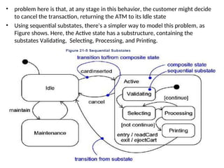 • problem here is that, at any stage in this behavior, the customer might decide
to cancel the transaction, returning the ATM to its Idle state
• Using sequential substates, there's a simpler way to model this problem, as
Figure shows. Here, the Active state has a substructure, containing the
substates Validating, Selecting, Processing, and Printing.
 