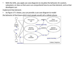 • With the UML, you apply use case diagrams to visualize the behavior of a system,
subsystem, or class so that users can comprehend how to use that element, and so that
developers can
implement that element.
• As Figure 17-1 shows, you can provide a use case diagram to model
the behavior of that box• which most people would call a cellular phone.
 