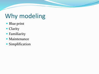 Why modeling
 Blue print
 Clarity
 Familiarity
 Maintenance
 Simplification
 