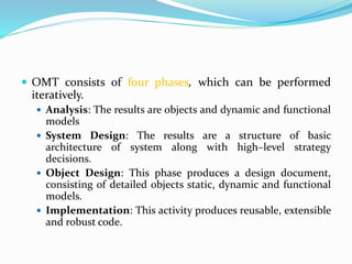  OMT consists of four phases, which can be performed
iteratively.
 Analysis: The results are objects and dynamic and functional
models
 System Design: The results are a structure of basic
architecture of system along with high–level strategy
decisions.
 Object Design: This phase produces a design document,
consisting of detailed objects static, dynamic and functional
models.
 Implementation: This activity produces reusable, extensible
and robust code.
 