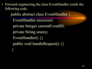 20
• Forward engineering the class EventHandler yields the
following code.
public abstract class EventHandler {
EventHandler successor;
private Integer currentEventID;
private String source;
EventHandler() {}
public void handleRequest() {}
}
 