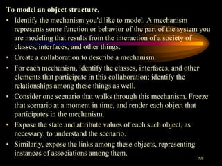 To model an object structure,
• Identify the mechanism you'd like to model. A mechanism
represents some function or behavior of the part of the system you
are modeling that results from the interaction of a society of
classes, interfaces, and other things.
• Create a collaboration to describe a mechanism.
• For each mechanism, identify the classes, interfaces, and other
elements that participate in this collaboration; identify the
relationships among these things as well.
• Consider one scenario that walks through this mechanism. Freeze
that scenario at a moment in time, and render each object that
participates in the mechanism.
• Expose the state and attribute values of each such object, as
necessary, to understand the scenario.
• Similarly, expose the links among these objects, representing
instances of associations among them.
35
 