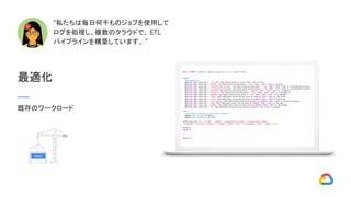 “私たちは毎日何千ものジョブを使用して
ログを処理し、複数のクラウドで、 ETL
パイプラインを構築しています。 ”
最適化
既存のワークロード
 