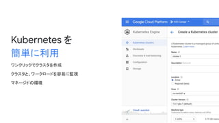 Kubernetes を
簡単に利用
ワンクリックでクラスタを作成
クラスタと、ワークロードを容易に監視
マネージドの環境
 