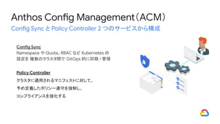 Anthos Config Management（ACM）
Config Sync と Policy Controller 2 つのサービスから構成
Config Sync
Namespace や Quota、RBAC など Kubernetes の
設定を 複数のクラスタ間で GitOps 的に同期 / 管理
Policy Controller
クラスタに適用されるマニフェストに対して、
予め定義したポリシー遵守を強制し、
コンプライアンスを強化する
 