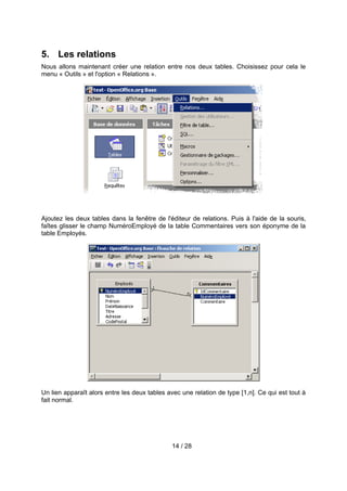 5. Les relations
Nous allons maintenant créer une relation entre nos deux tables. Choisissez pour cela le
menu « Outils » et l'option « Relations ».




Ajoutez les deux tables dans la fenêtre de l'éditeur de relations. Puis à l'aide de la souris,
faîtes glisser le champ NuméroEmployé de la table Commentaires vers son éponyme de la
table Employés.




Un lien apparaît alors entre les deux tables avec une relation de type [1,n]. Ce qui est tout à
fait normal.




                                              14 / 28
 