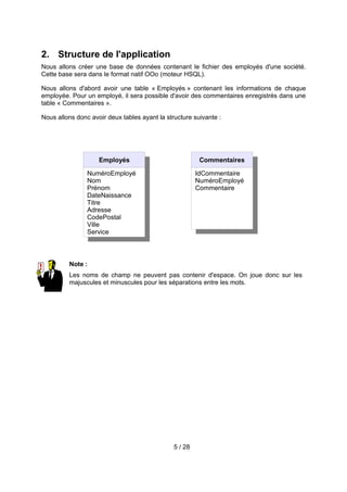 2. Structure de l'application
Nous allons créer une base de données contenant le fichier des employés d'une société.
Cette base sera dans le format natif OOo (moteur HSQL).

Nous allons d'abord avoir une table « Employés » contenant les informations de chaque
employée. Pour un employé, il sera possible d'avoir des commentaires enregistrés dans une
table « Commentaires ».

Nous allons donc avoir deux tables ayant la structure suivante :




                    Employés                             Commentaires

                NuméroEmployé                           IdCommentaire
                Nom                                     NuméroEmployé
                Prénom                                  Commentaire
                DateNaissance
                Titre
                Adresse
                CodePostal
                Ville
                Service



         Note :
         Les noms de champ ne peuvent pas contenir d'espace. On joue donc sur les
         majuscules et minuscules pour les séparations entre les mots.




                                               5 / 28
 