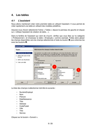 4. Les tables

4.1       L'assistant
Nous allons maintenant créer notre première table en utilisant l'assistant. Il vous permet de
créer rapidement une table en utilisant des modèles prédéfinis.

Assurez-vous d'avoir sélectionné l'icône « Tables » depuis le panneau de gauche et cliquez
sur « Utilisez l'assistant de création de table... ».

Dans la fenêtre de l'assistant qui vient de s'ouvrir, vérifiez que vous êtes sur la catégorie
« Professionnel » et choisissez la table « Employés » comme exemple. Faîtes alors glisser
les champs disponibles vers les champs sélectionnés à l'aide du bouton  puis ordonnez les
avec les boutons .




La liste des champs à sélectionner doit être la suivante :

      •    NuméroEmployé
      •    Nom
      •    Prénom
      •    DateNaissance
      •    Titre
      •    Adresse
      •    CodePostal
      •    Ville
      •    Titre
      •    Service

Cliquez sur le bouton « Suivant ».


                                                8 / 28
 